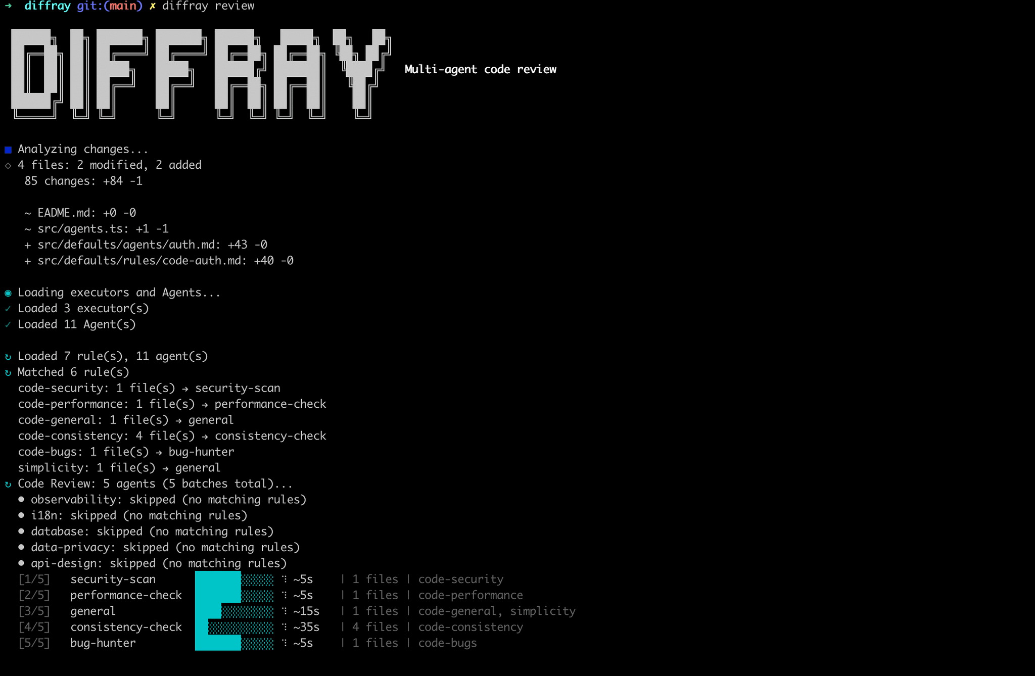 diffray CLI running multi-agent code review with security, performance, and bug detection