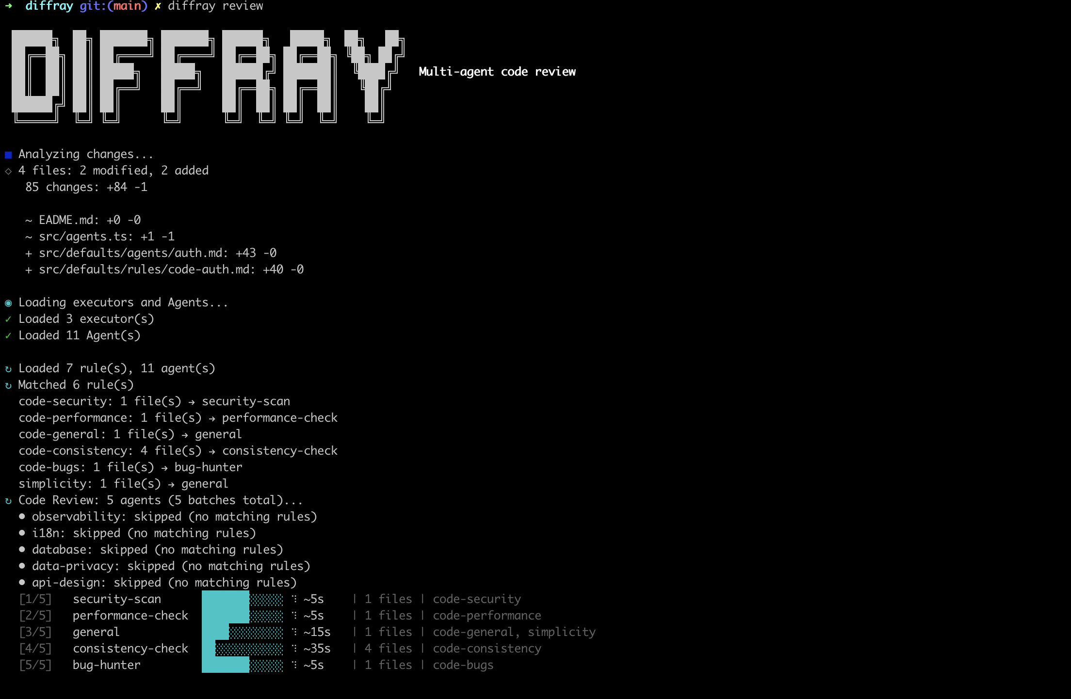diffray CLI running multi-agent code review with security, performance, and bug detection