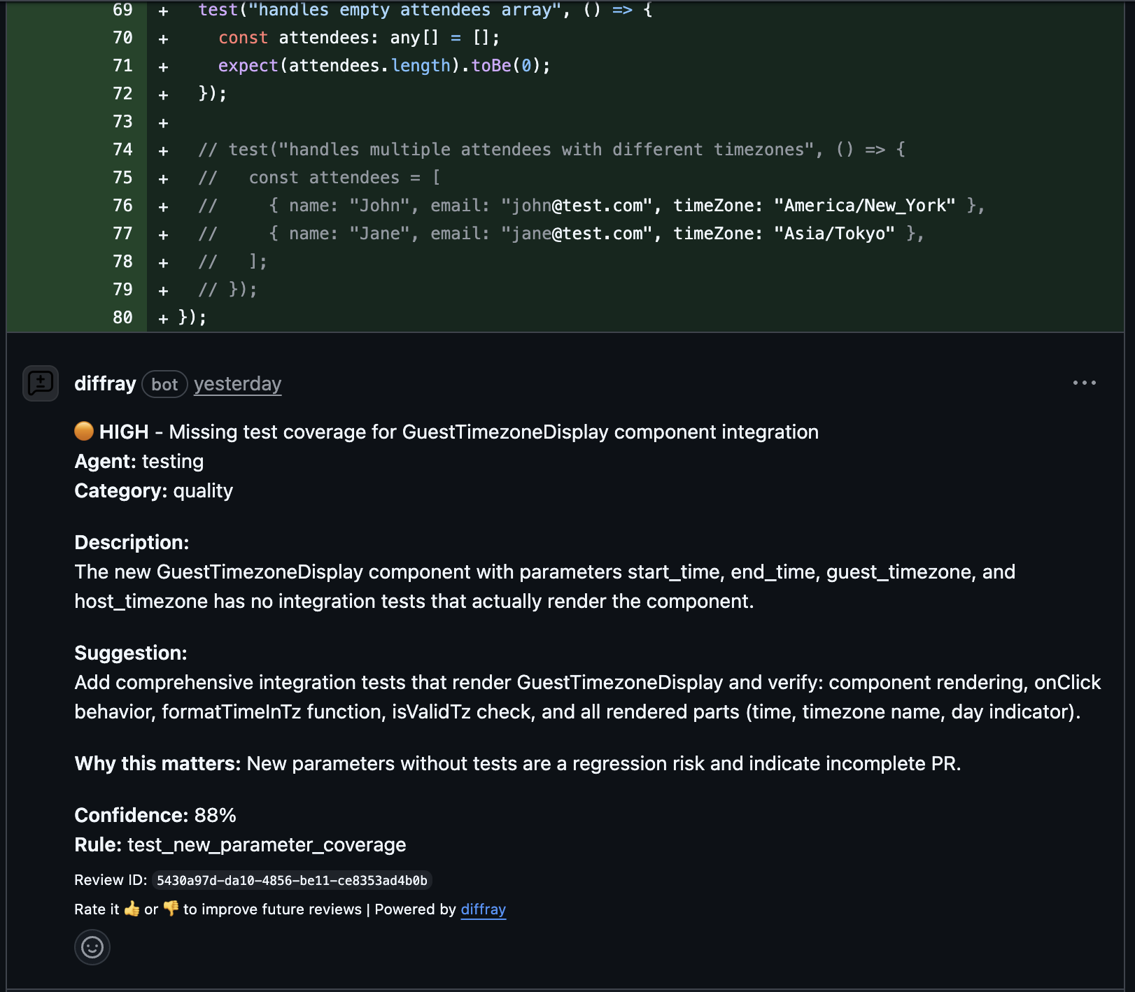 diffray detecting missing test coverage for new component