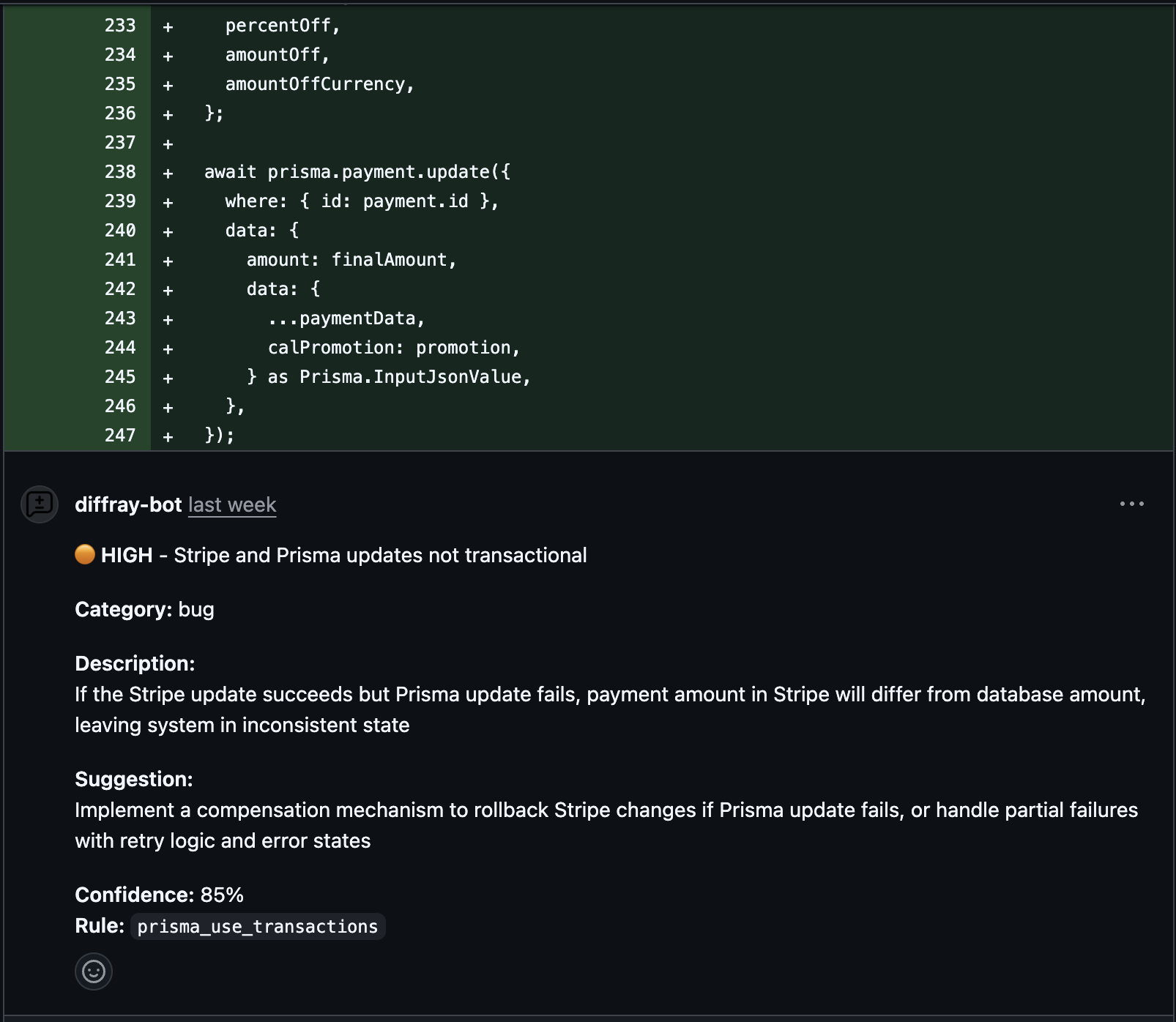 diffray detecting non-transactional Stripe and Prisma updates